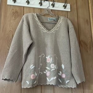 VTG Shenanigans Pink and Tan V-Neck Sweater with Floral Embroidery Size Medium